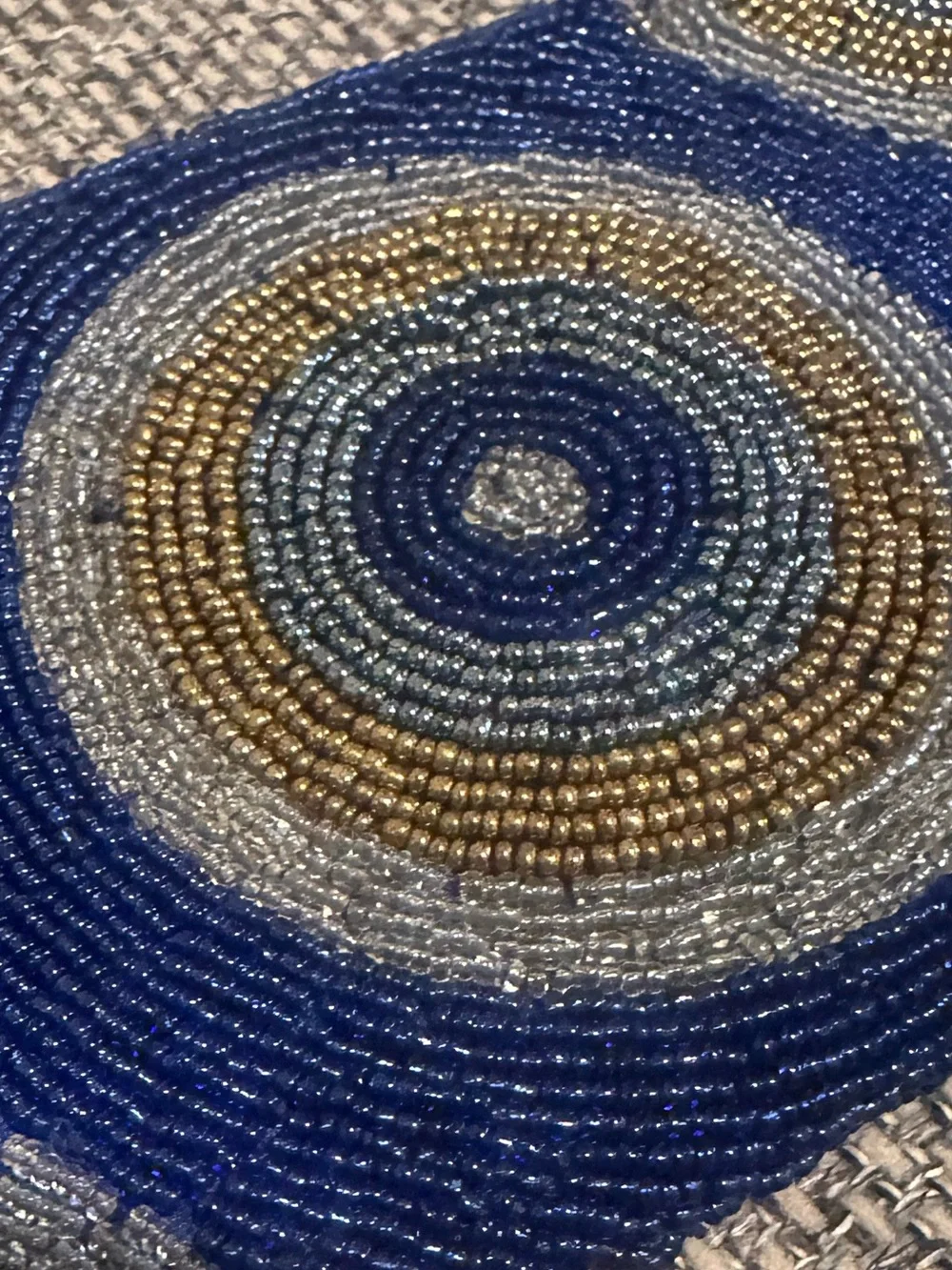 Vintage 1960s Mod Beaded Navy Blue Wristlet Clutch with Gold & Silver Accents